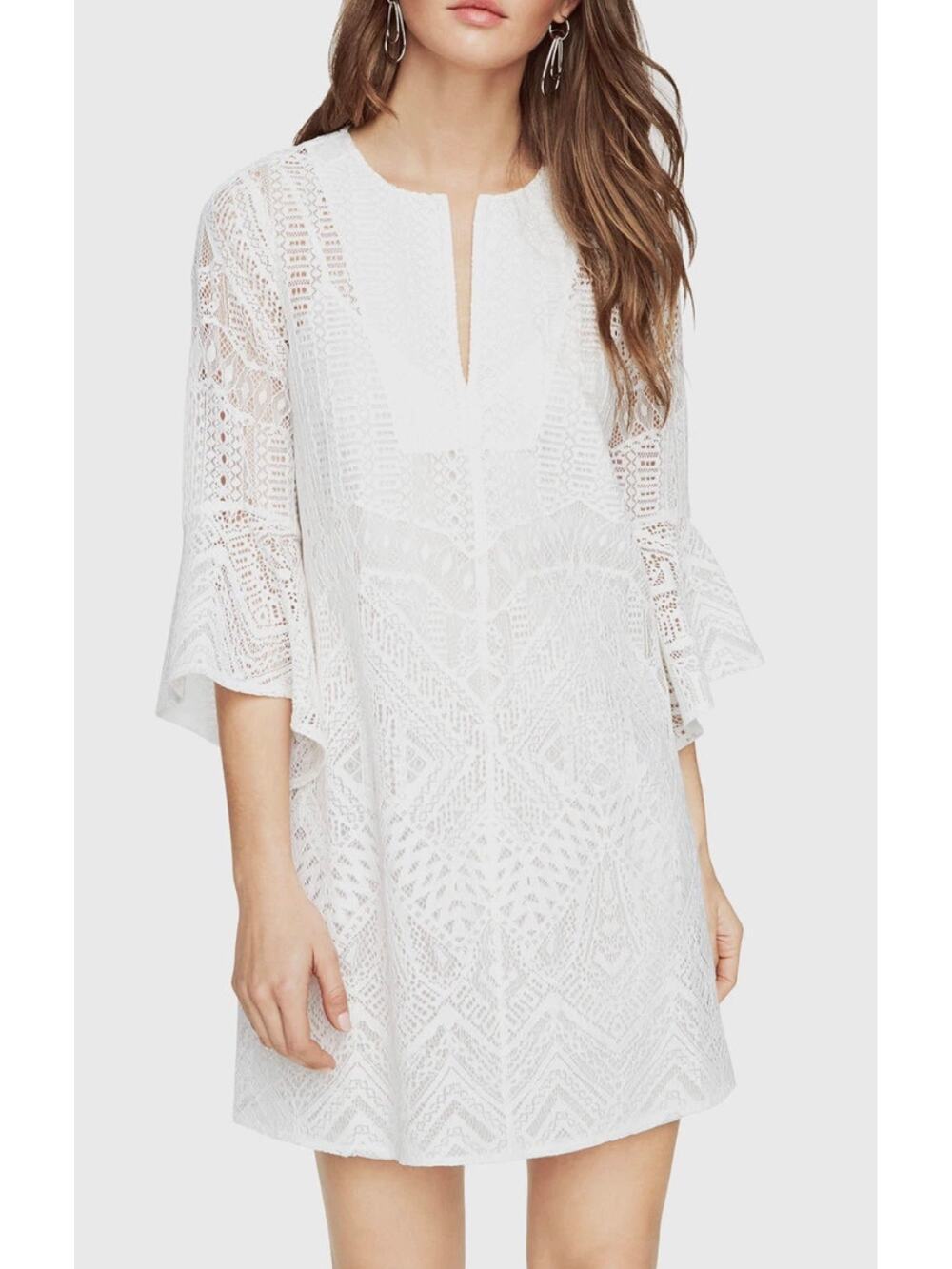 BCBGMAXAZRIA Womens L White Catier Boho Lace 3/4 Sleeve Summer Mini Dress NWT